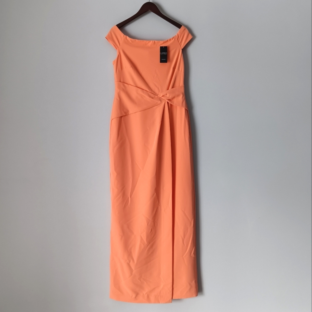 NEW Ralph Lauren Full Length Off Shoulder Cap Sleeve Dress Peach Orange Size 10